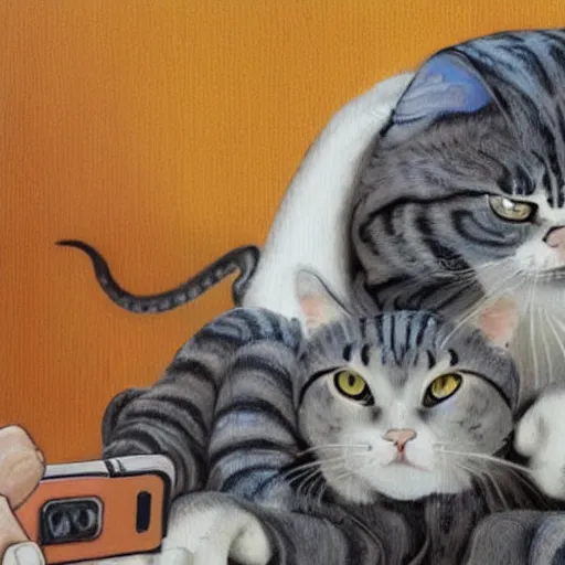 Image similar to octopus and cats taking a selfie together, photorealistic