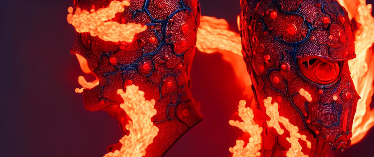 Image similar to hyperrealist highly detailed english medieval portrait of high fashion monster wearing flame fire smoke flame armor, radiating atomic neon corals, veiny network growth with neon uranium pattern, concept art pascal blanche dramatic studio lighting 8k wide angle shallow depth of field