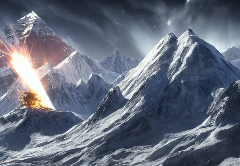 Prompt: protoss spaceship destroying mount everest, crumbling mount everest using photo cannon beams. powerful visual represenation beautiful art uhd 4 k, artstation, hdr, 4 k, incredible detail, cinematic lighting, unreal engine 5