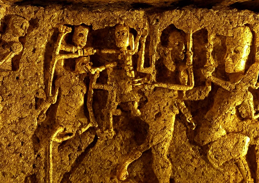 Prompt: Archaeologists discover ancient golden robot inside Mayan burial chamber. Photorealistic. Intricate details.