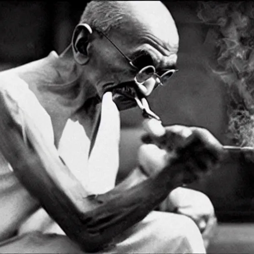 Image similar to Mahatma Gandhi smoking a bong, fat coud, weed, cinematic masterpiece