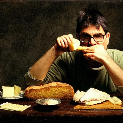 Image similar to steve albini eating a loaf of fresh bread and some good cheese or roast beef, portrait, by francois bucher