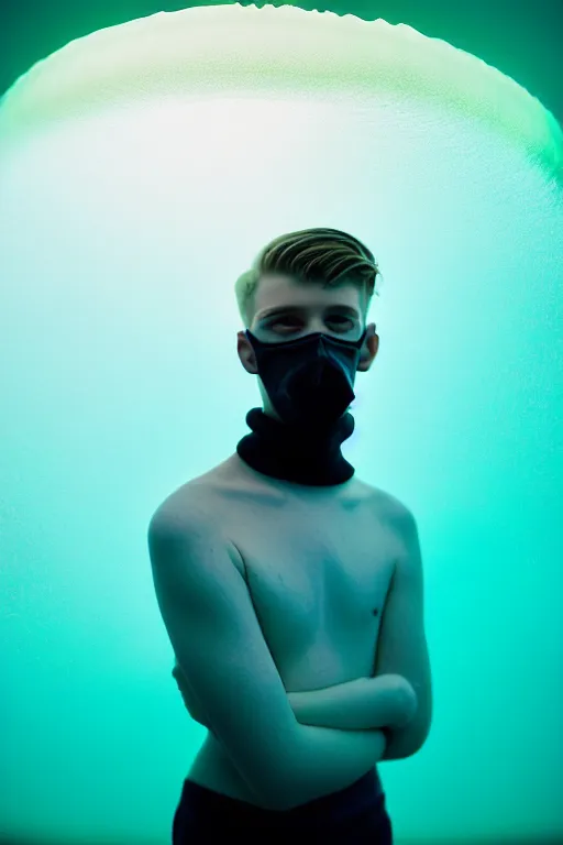 Image similar to high quality pastel coloured film mid angle portrait photograph of a beautiful young 2 0 year old male, soft features, short hair, perspex mask and oversized inflated clothing!!!! icelandic black! rock pool environment. atmospheric three point light. photographic. art directed. ( pastel colours ). volumetric. clearcoat. waves. 8 k. filmic.