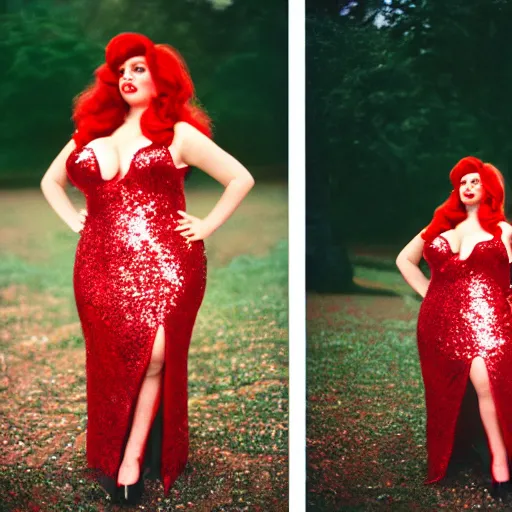 Image similar to film portrait photography of curvy, bubbly, swedish woman as jessica rabbit, head and shoulders photography. red sequin dress. kodak ektar 4 0 0. canon f 1. 2. detailed, realistic