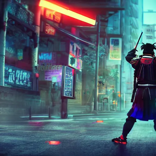 Prompt: a samurai street ninja standing by news paper boxes and a telephone pole holding a flatscreen tv on his shoulders, an angry female is yelling at him. , 8K 3D acrylic art colourful CryEngine beautiful artwork digital illustration DSLR HDR glowing neon maximalist polished pixiv Unreal Engine vast clear photo filigree designs, by Luis Carrasco