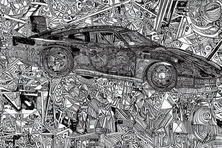 Prompt: a black and white drawing of a porsche 9 3 5 slantnose, a detailed mixed media collage by hiroki tsukuda and eduardo paolozzi and moebius, intricate linework, sketchbook psychedelic doodle comic drawing, geometric, street art, polycount, deconstructivism, matte drawing, academic art, constructivism