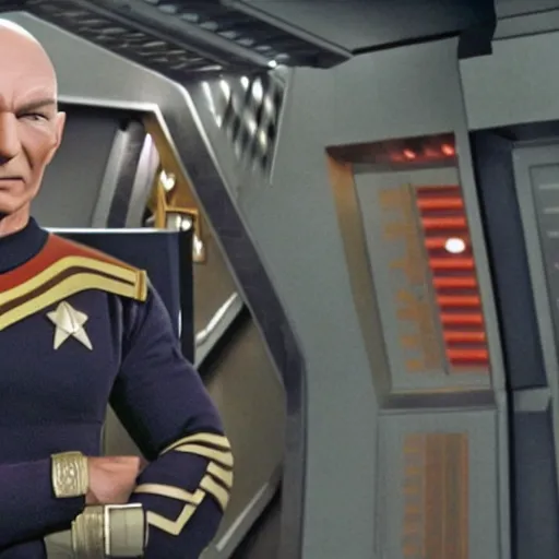 Prompt: muscular captain Picard in starfleet uniform on the bridge of the USS Enterprise