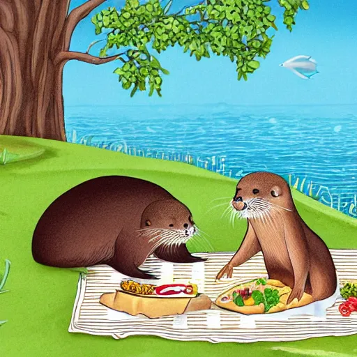 Image similar to storybook illustration of a river otter and a sea otter having a picnic