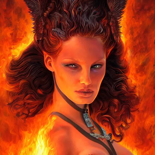 Prompt: A stunning portrait of a goddess with a body of flames by Jim Burns, 8K UHD, fantasy, Trending on artstation.