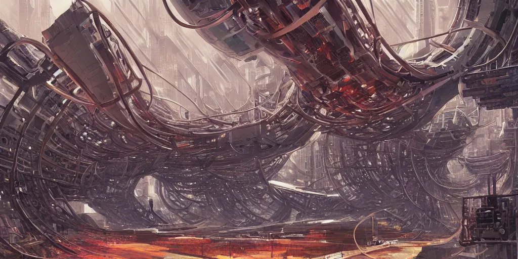 Prompt: giant dismantled disassembled cyborgs with tentacles and wires on bridges and pipes walk through a huge cybernetic megastructure multi - level endless eternal labyrinth metropolis in space, retrofuturism, by syd mead