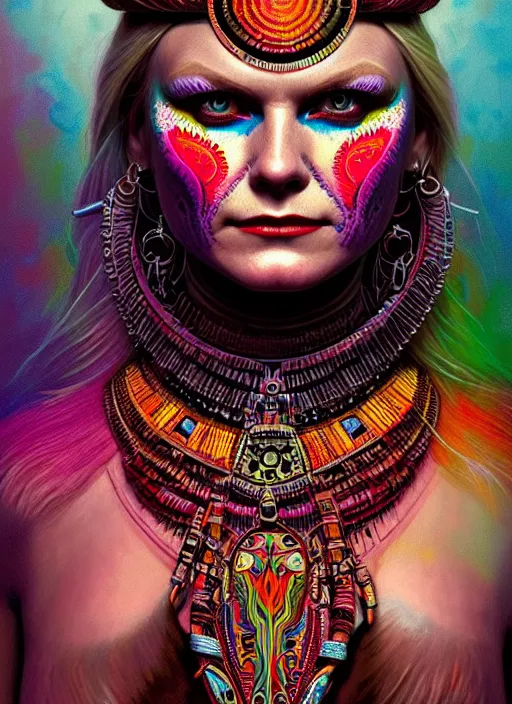 Prompt: portrait of kirsten dunst, hyper detailed ultra sharp aztec shaman warrior. trending on artstation, warpaint aesthetic, bloodwave, colorful, psychedelic, ornate, intricate, digital painting, concept art, smooth, sharp focus, illustration, art by artgerm and greg rutkowski and h. r. giger, 8 k