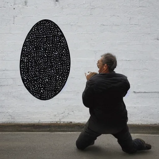 Prompt: a man laughing at a giant egg, in the future, in the style of Bansky