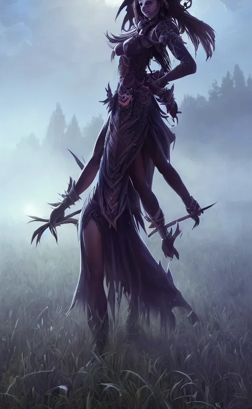 Image similar to medium shot of dark elf witch in field, sunny, highly detailed, d & d, fantasy, highly detailed, digital painting, trending on artstation, concept art, sharp focus, illustration, global illumination, ray tracing, realistic shaded, art by artgerm and greg rutkowski and fuji choko and viktoria gavrilenko and hoang lap