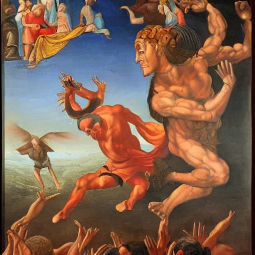 Image similar to masterful religious painting, god fighting the devil