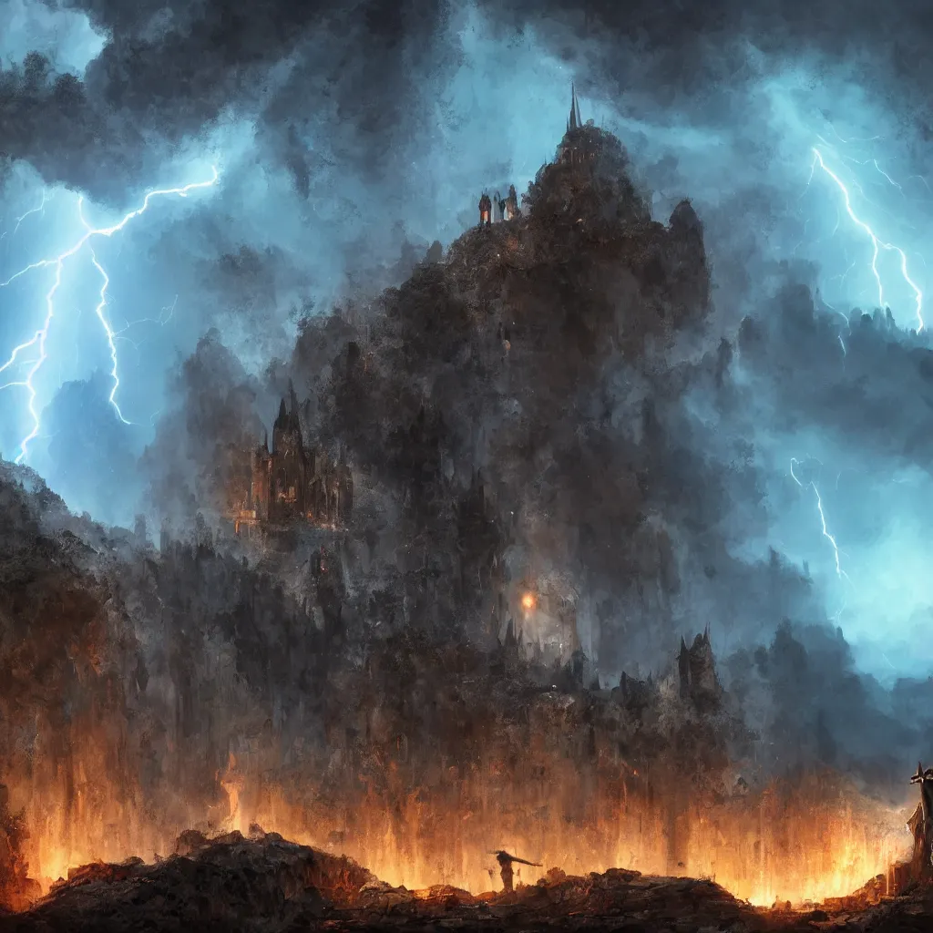 Image similar to a still of a cloaked figure standing in the ruins of crux prime, monastery, there is lightning, blue fiery maelstrom in the distance, it is raining, digital art, artstationhq