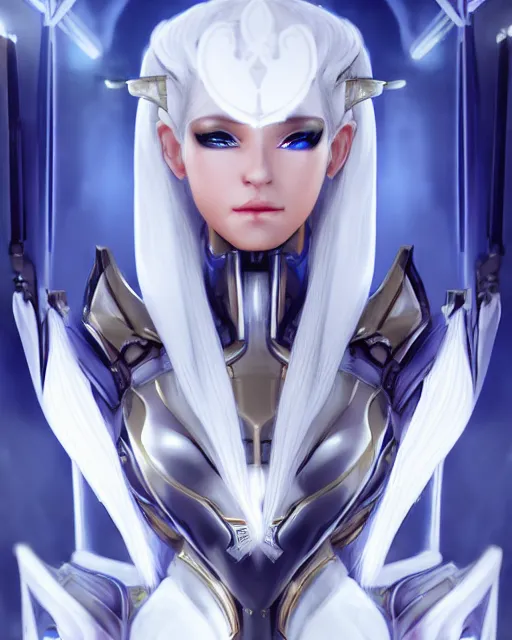 Prompt: perfect white haired attractive egyptian goddess, warframe armor, beautiful, symmetric, dreamy, half asian, pretty face, blue eyes, maesie williams, detailed, scifi platform, laboratory, experiment, 4 k, ultra realistic, epic lighting, android body, illuminated, cinematic, masterpiece, art by akihito tsukushi, voidstar