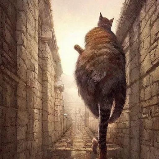 Image similar to cat - canibal walking on ancient city, very detailed fine art, top of pinterest, trend of artistation, style of ( ( ( ( ( greg rutkowski ) ) ) ) )