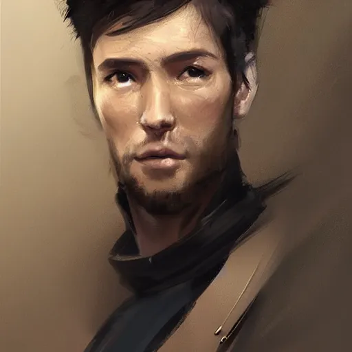 Prompt: Portrait of a man by Greg Rutkowski, he is about 30 years old, mixture between russian and chinese, short black hair, attractive, smart looking, he is wearing a utilitarian beige and black jumpsuit, highly detailed portrait, scifi, digital painting, artstation, concept art, smooth, sharp foccus ilustration, Artstation HQ