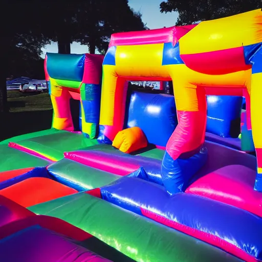 Image similar to photo of endless dimly lit liminal space made of bouncy castle