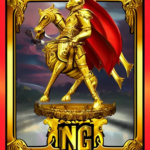 Image similar to a human king holding a golden sword and a golden shield riding a griffin, fantasy card game art