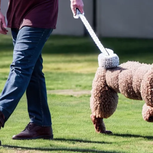 Image similar to a closeup photo of elon musk walking his big mutant poodle, f 2. 8, 1 0 0 mm lens