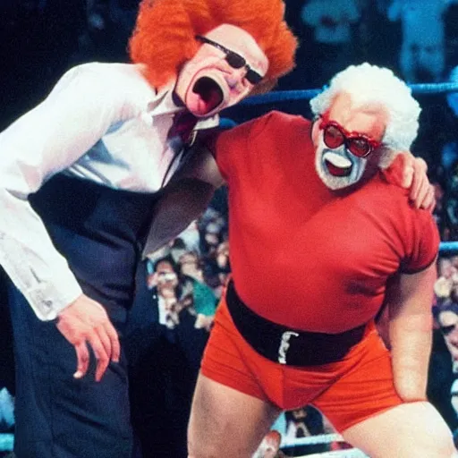 Prompt: Ronald McDonald elbow drops Colonel Sanders in WWE, 1990