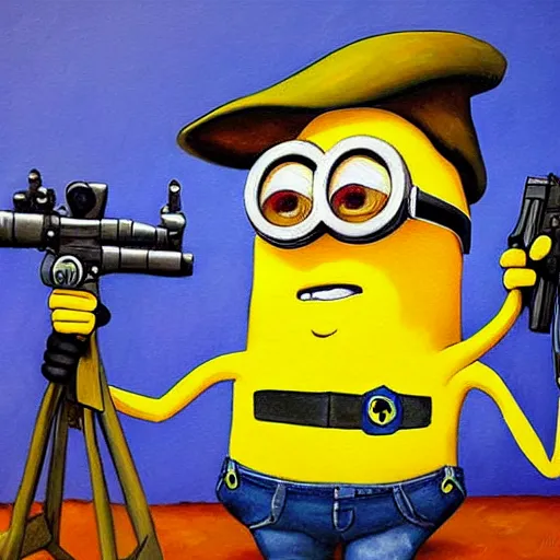 Image similar to a beautiful complex painting of a minion dressed as a soldier in world war ii the minion is shooting his gun