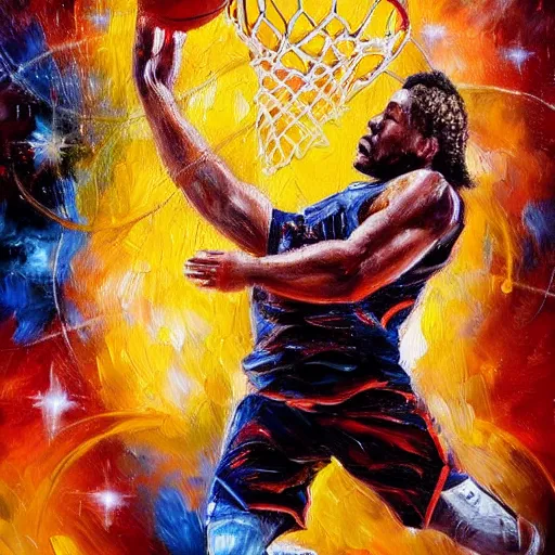 Image similar to an expressive oil painting of a basketball player dunking, depicted as an explosion of a nebula