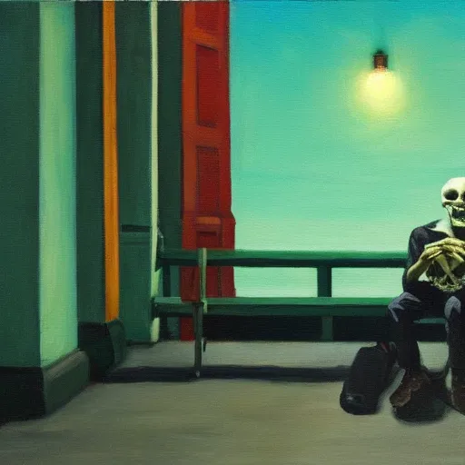 Prompt: a painting of a lonely man with a skull as his head waiting for the bus, green dramatic and cinematic light, the sky is full of stars, in the style of edward hopper, 4 k,