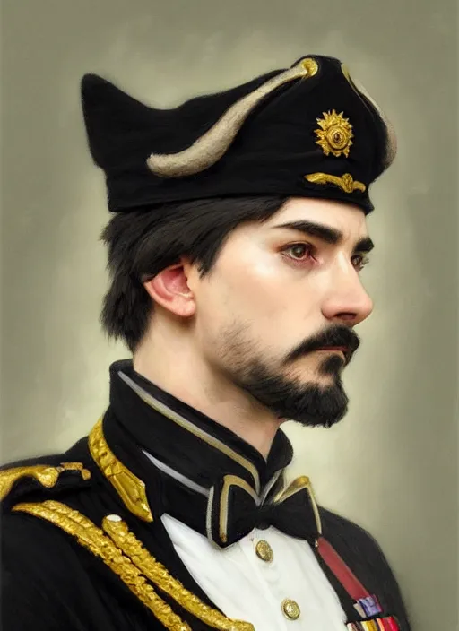 Image similar to portrait of stoic looking miniature schnauzer, military uniform, black fir, white eyebrows, fantasy, intricate, elegant, highly detailed, centered, dark, smokey, digital painting, artstation, concept art, smooth, sharp focus, illustration, art by artgerm and greg rutkowski and alphonse mucha