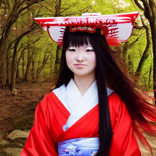 Image similar to drawing of a shrine maiden, young beautiful woman, high definition, 4 k, stunning scenery, dynamic lighting, award winning photo