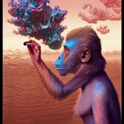 Image similar to ( monkey smoking a cigarette ) ( ( ( hyper detailed masterpiece, psychedelic fractal pattern, jean giraud, digital art painting, dream wave aesthetic, ethereal, artgerm, donato giancola, tom bagshaw ) ) )