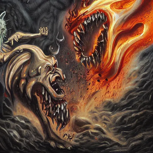 Prompt: realistc detailed painting two demons fighting each other in hell, dark style