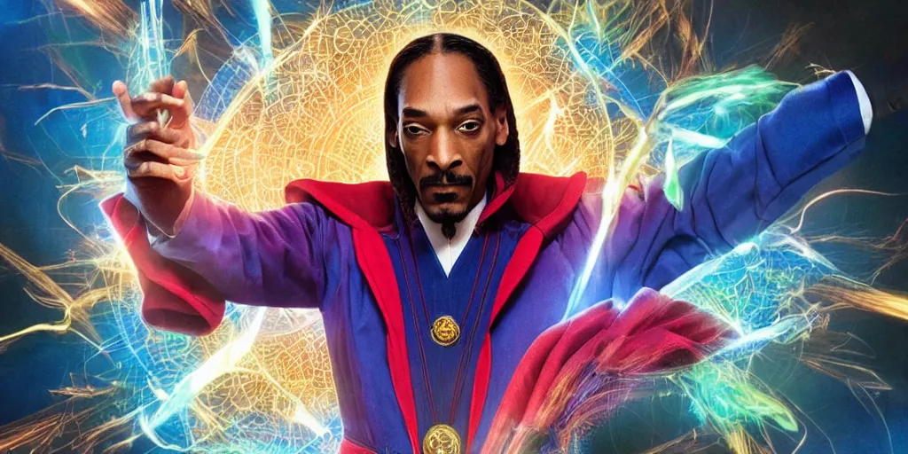 Image similar to snoop dogg as the doctor strange, marijuana leaves, green light, highly detailed, marvel cinematic universe, mcu, photo