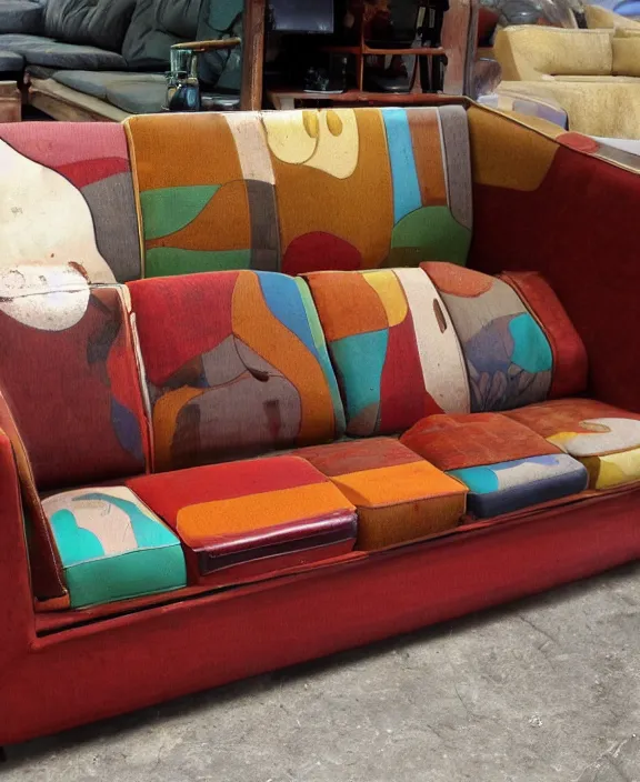 Image similar to , large couch, furniture design, wood, nostalgiacore, vintage, 1 9 5 0's decor, 1 9 7 0's decor, retro, maximalism,, groovy, low fi,