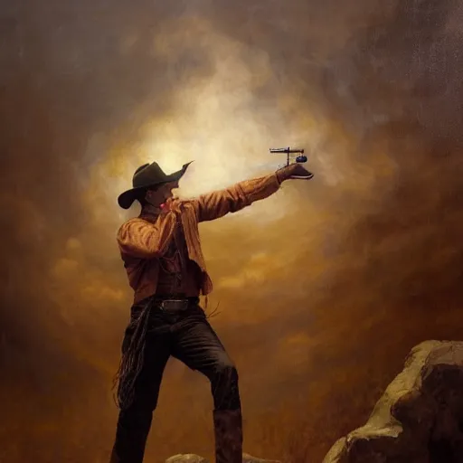 Prompt: a dramatic epic ethereal portrait of a cowboy firing his revolver while yelling, full body with dynamic pose, during archetypical Old West period, 19th century, male, detailed face, cinematic lighting, highly detailed oil on canvas painting by Greg Rutkowski, winning-award digital art trending on Artstation H 1024 W 832