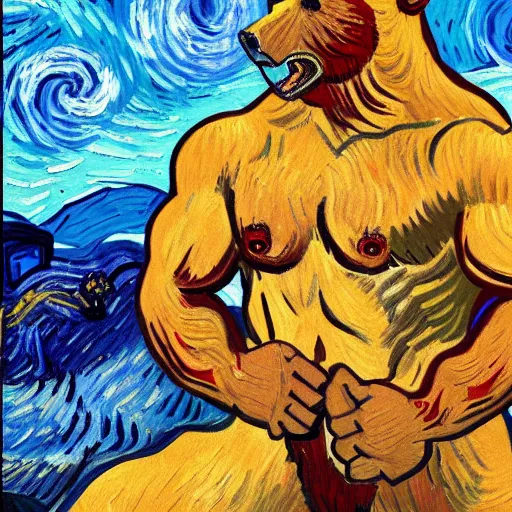 Prompt: a painting of an incredibly buff vincent van gogh with massive muscles wrestling a bear, 4 k, high resolution, still, landscape, hd, dslr, hyper realistic