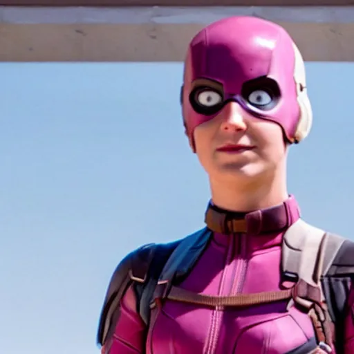 Prompt: A still of Shailene Woodley as Gwenpool in Deadpool 3 (2023), blonde hair with pink highlights, no mask