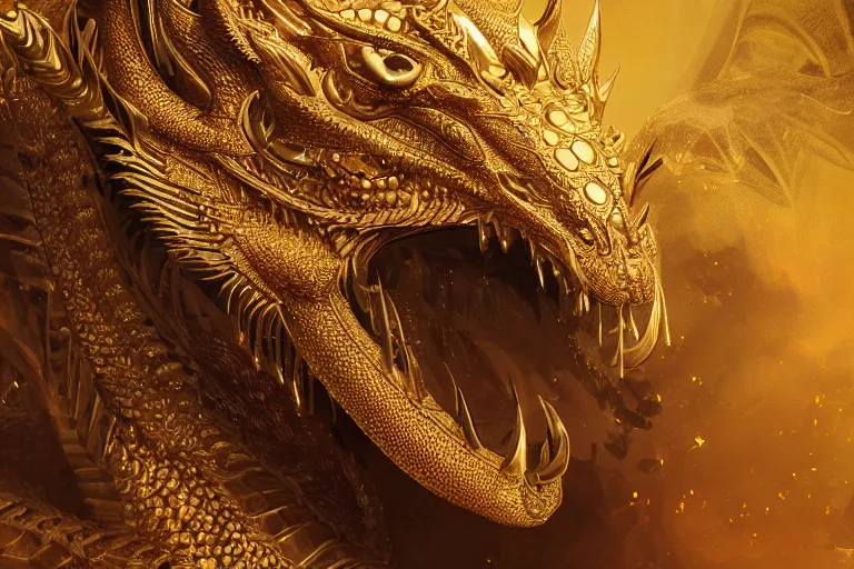 Prompt: cinematic closeup portrait of a golden dragon intricately decorated with jewels, sandstorm, detailed textures, dramatic lighting, unreal engine, cgsociety, artstation, 4k