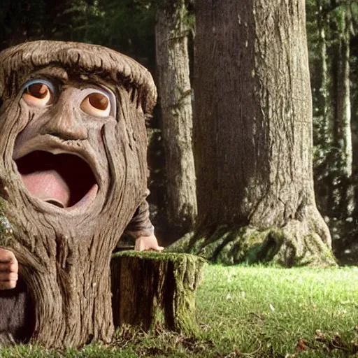 Image similar to the legend of Big Sir monster talking to a tree stump that has the face of Gilbert gottfried, film still