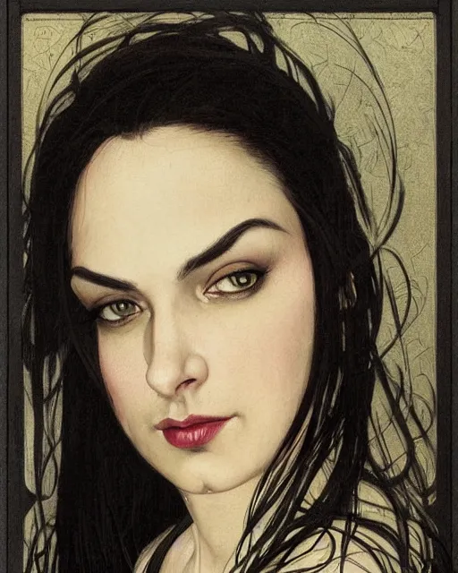 Prompt: portrait of a tall 4 0 - year - old woman with thin lips, long, lush black hair like a crown black, and thick eyebrows, wearing in black clothes, aristocratic appearance, hyper realistic face, beautiful eyes, close up, fantasy art, in the style of greg rutkowski, intricate, alphonse mucha, hyper detailed, smooth