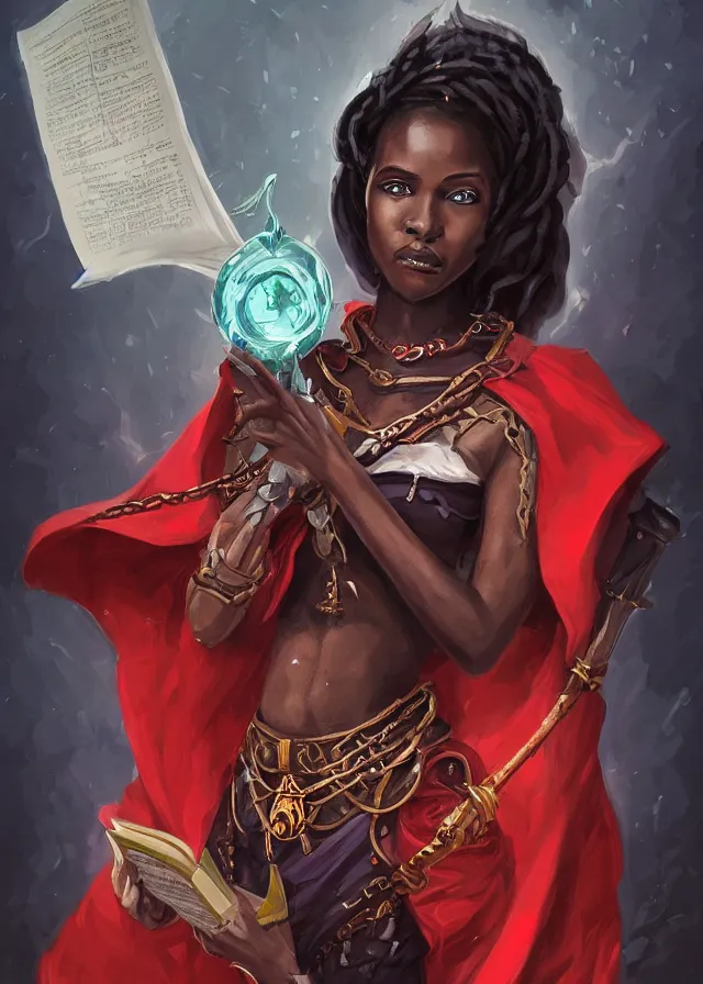 Prompt: a female dnd wizard's portrait by brian patterson and rhads, black skin, african, ethiopian, red robes, necromancer, clear - eyed, elegant bones, skulls, papers and tomes