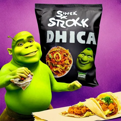 Image similar to shrek devouring bag upon bag of taco bell