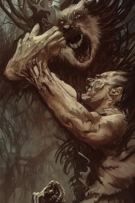 Prompt: a male werewolf devouring a severed human arm, blood, long claws, dark forest at night, by greg rutkowski and alphonse mucha, gradient brown to silver, highly detailed, digital painting, artstation, concept art, smooth, sharp focus illustration