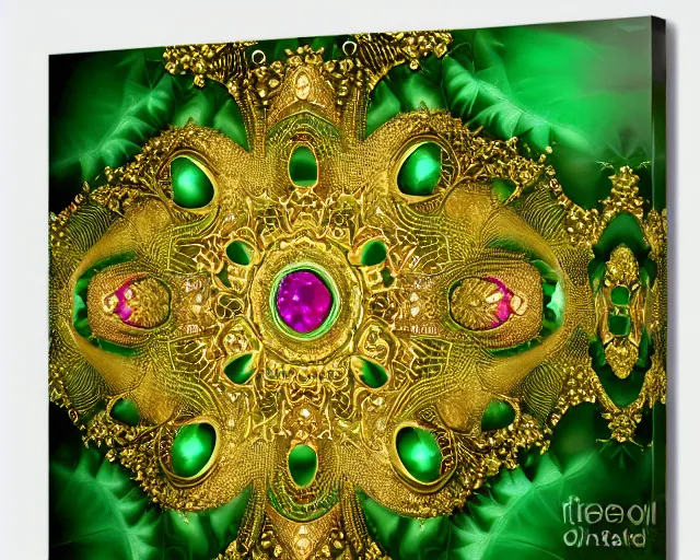 Prompt: random abstract fractal shapes ornately decorated with gold and gems, green background, studio photography, rubies, emeralds, gold, jewels,