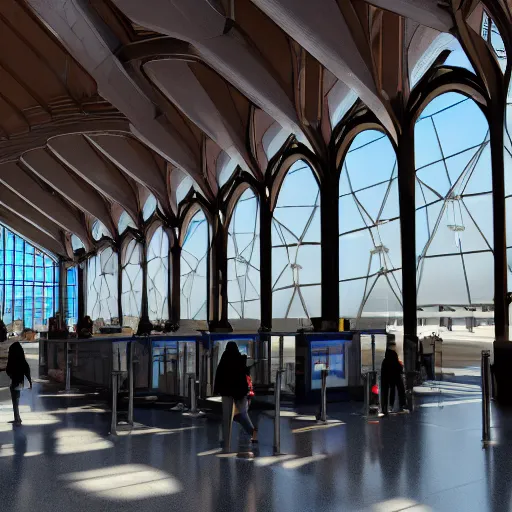 Prompt: an airport terminal in the gothic revival architectural style, with travellers walking around and planes visible through the windows, octane render, unreal engine, photorealistic, filled with natural light