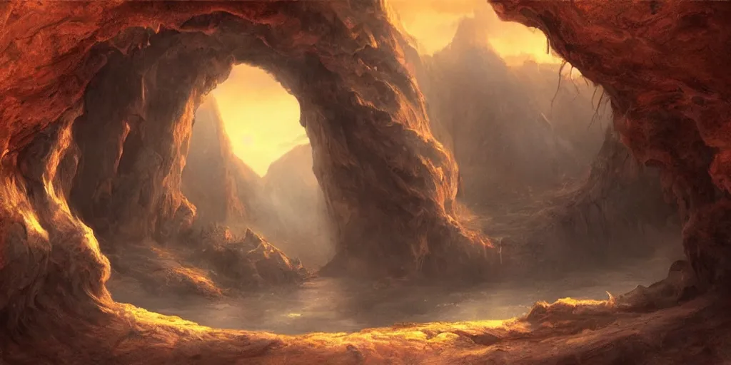 Image similar to beautiful matte painting of a fantasy cave entrance