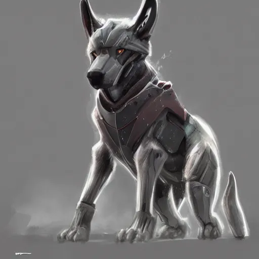 Image similar to panzerwolf anubis dog made of steel in light armor, by ian pesty and alena aenami, concept art, matte painting, washed colors,