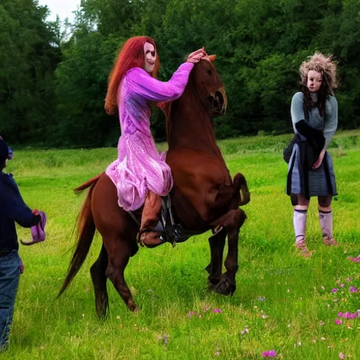 Image similar to a witch transforming people into horses with her magical powers , in a meadow