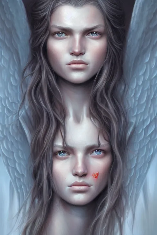 Image similar to Nearthendahl man angels, primitive facial features, fantasy, long hair, highly detailed, digital painting, artstation, concept art, smooth, sharp focus, illustration, art by artgerm and manara